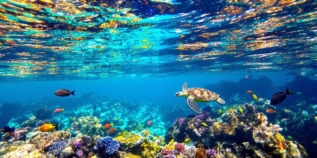 Underwater scene with coral reefs and diverse marine life.