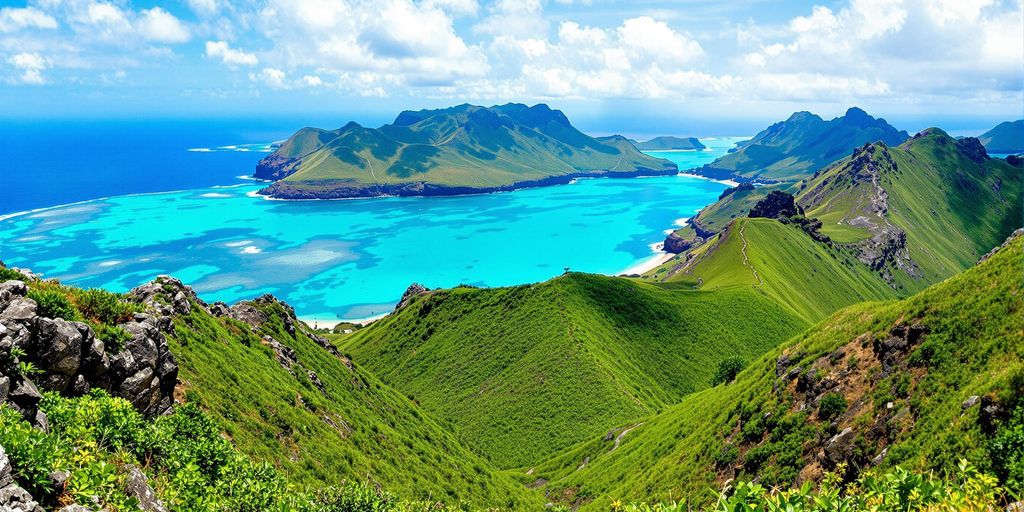 Scenic view of Komodo Island's lush hills and coastline.