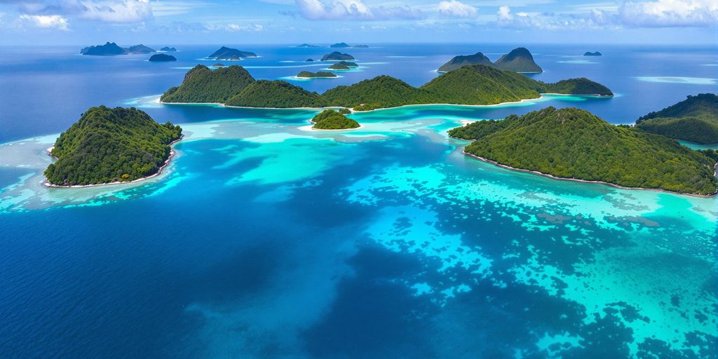 Aerial view of Raja Ampat's beautiful islands and waters.