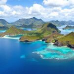 Stunning view of Komodo Island's beaches and hills.
