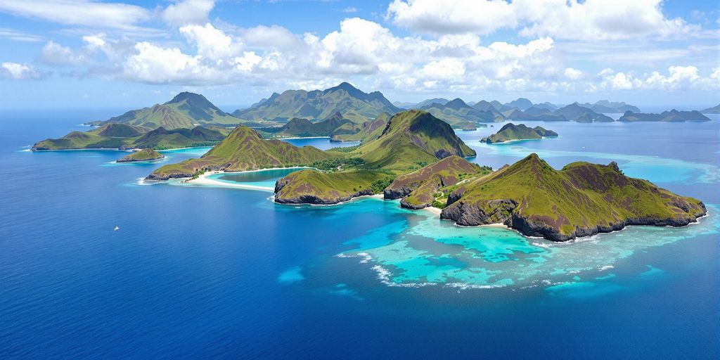 Stunning view of Komodo Island's beaches and hills.