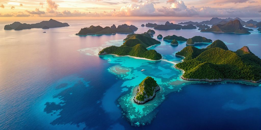 Aerial view of Raja Ampat's turquoise waters and islands.