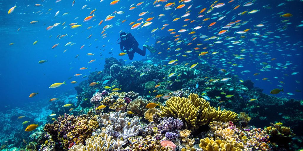 Underwater scene with diver, coral reefs, and colorful fish.