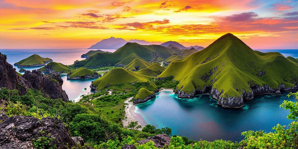 Scenic view of Komodo Island at sunset.