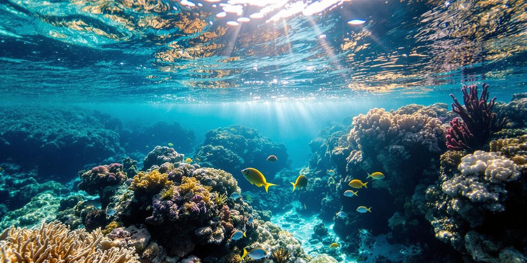 Underwater scene in Raja Ampat with colorful coral reefs.