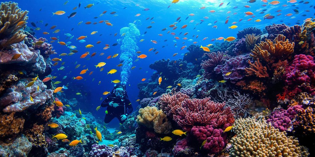 Diver exploring vibrant coral reefs in Indonesia.