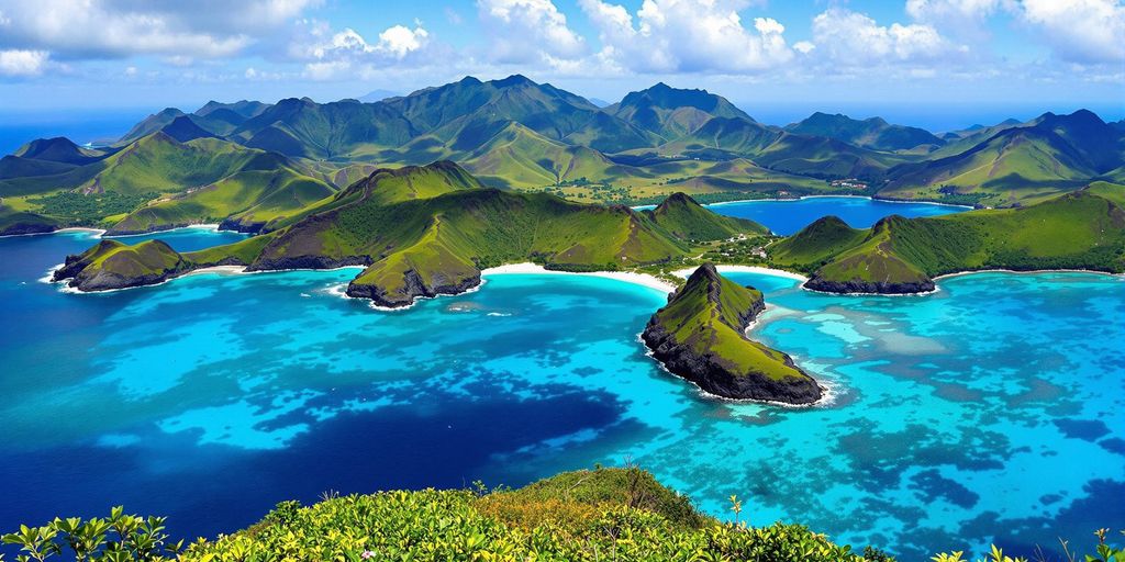 Scenic view of Komodo Island with lush greenery and water.