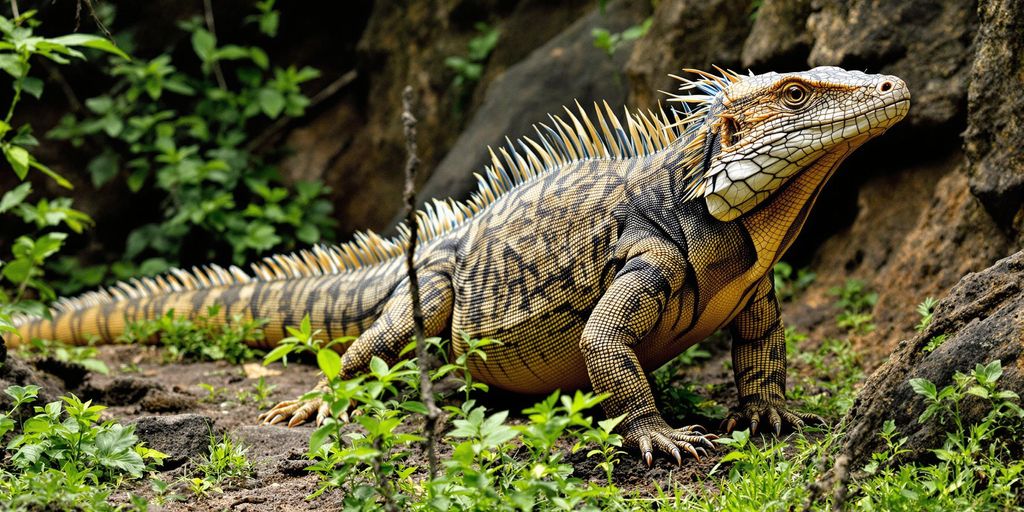 A Komodo dragon resting on rocky terrain.