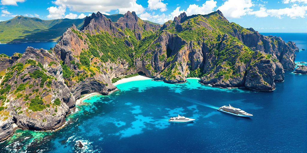 Cruise ship near Komodo Island with cliffs and greenery.