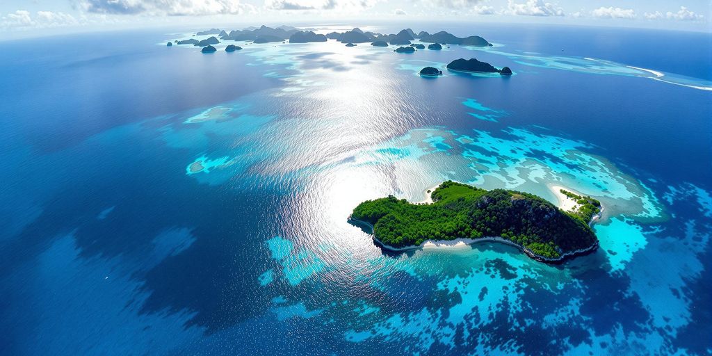 Aerial view of Raja Ampat's islands and turquoise waters.