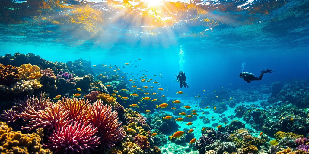 Scuba divers surrounded by colorful coral and marine life.