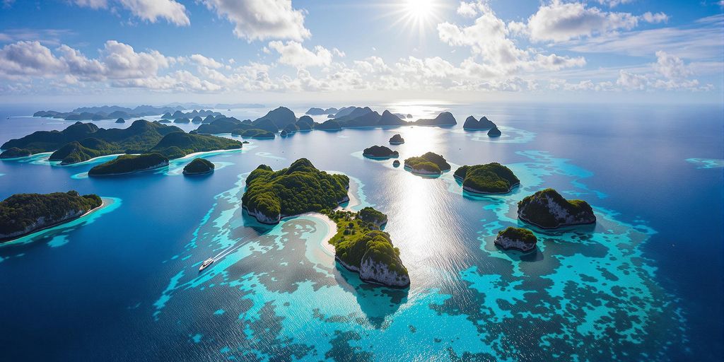 Aerial view of Raja Ampat's turquoise waters and islands.