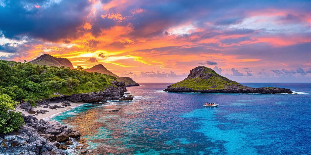 Sunset over Komodo Island with tourists on a boat.