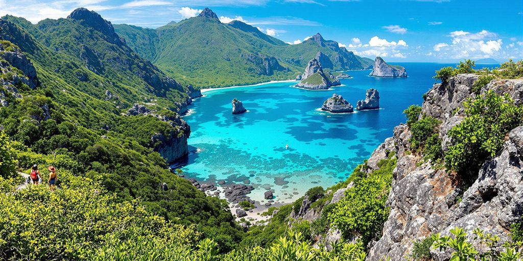 Scenic view of Komodo Island with lush greenery and sea.