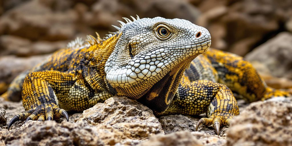 Close-up of a Komodo dragon on rocky terrain.