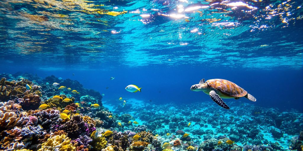 Underwater view of vibrant coral reefs and fish.