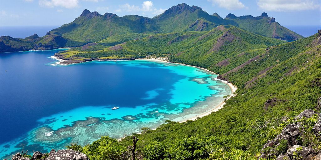 Komodo Island with turquoise waters and lush greenery.