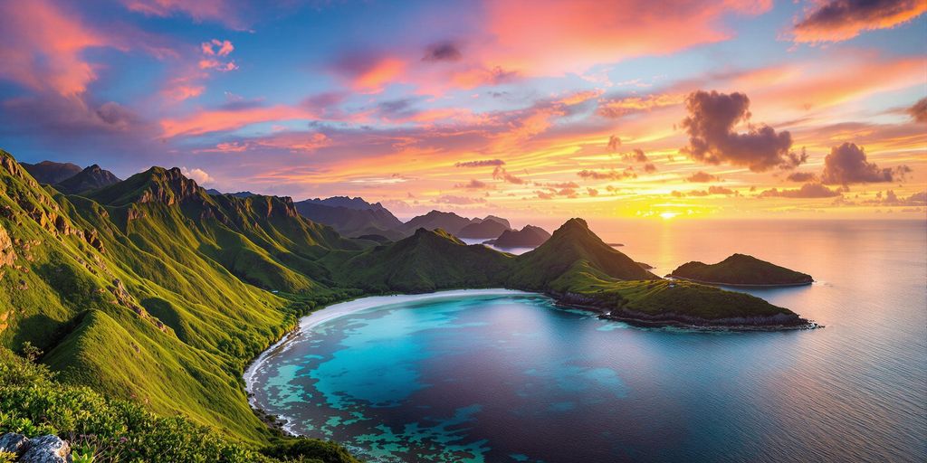 Scenic view of Komodo Island at sunset.