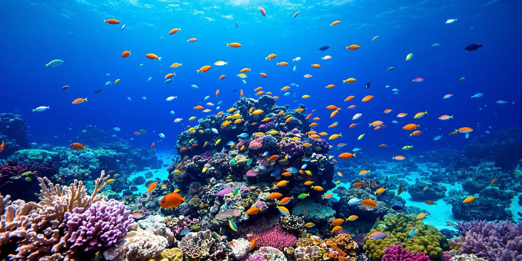 Colorful coral reefs with exotic fish in clear waters.