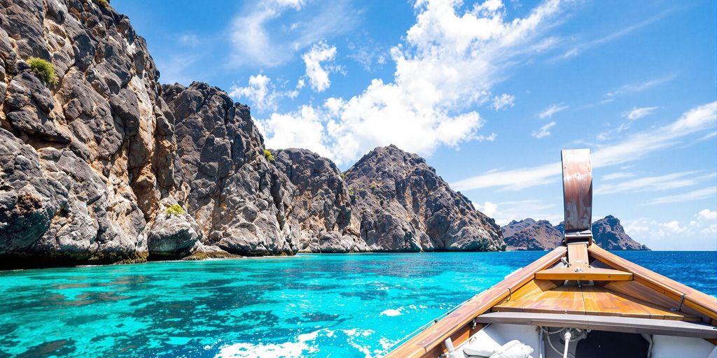 Traditional boat navigating clear waters around Komodo Island.