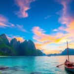 Komodo Island sunset with boats and lush greenery.