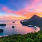 Sunset over Komodo Islands with adventurers exploring nature.