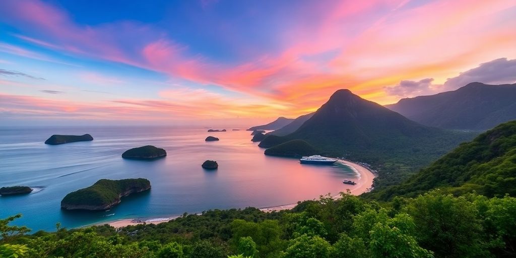 Sunset over Komodo Islands with adventurers exploring nature.